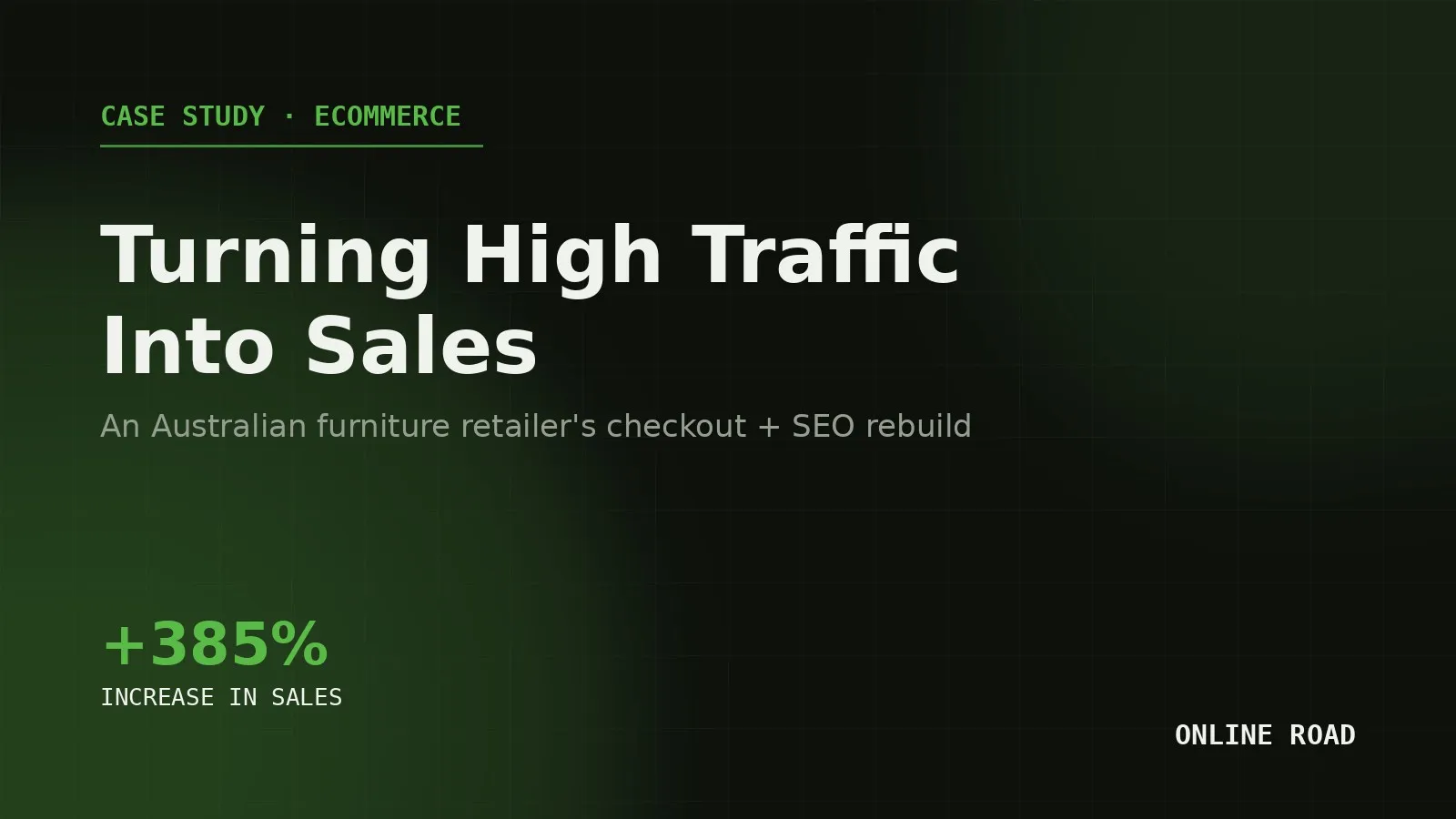 Case study hero image: an Australian furniture retailer's sales growing 385% after a checkout and SEO rebuild.