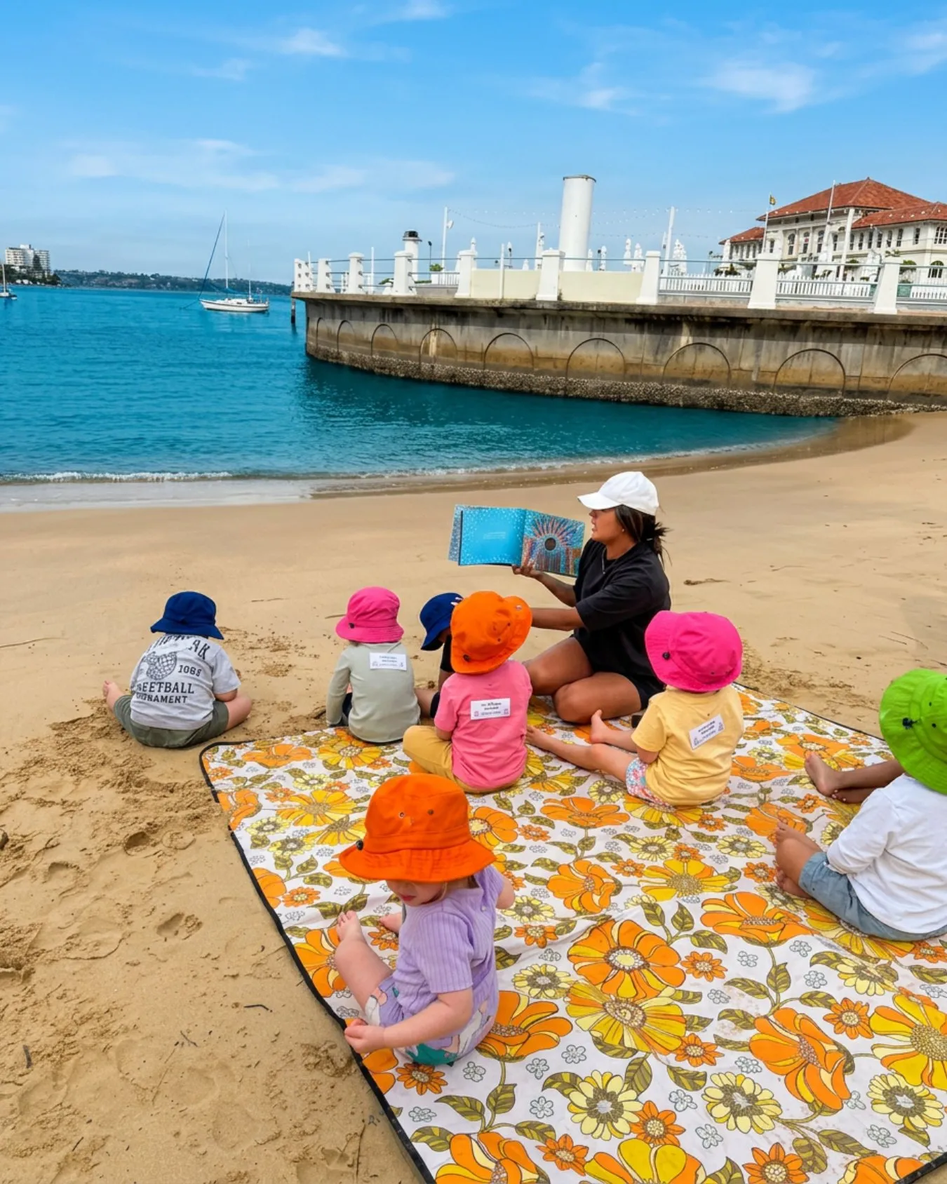 Global Explorers Early Learning educator reading to children on the beach